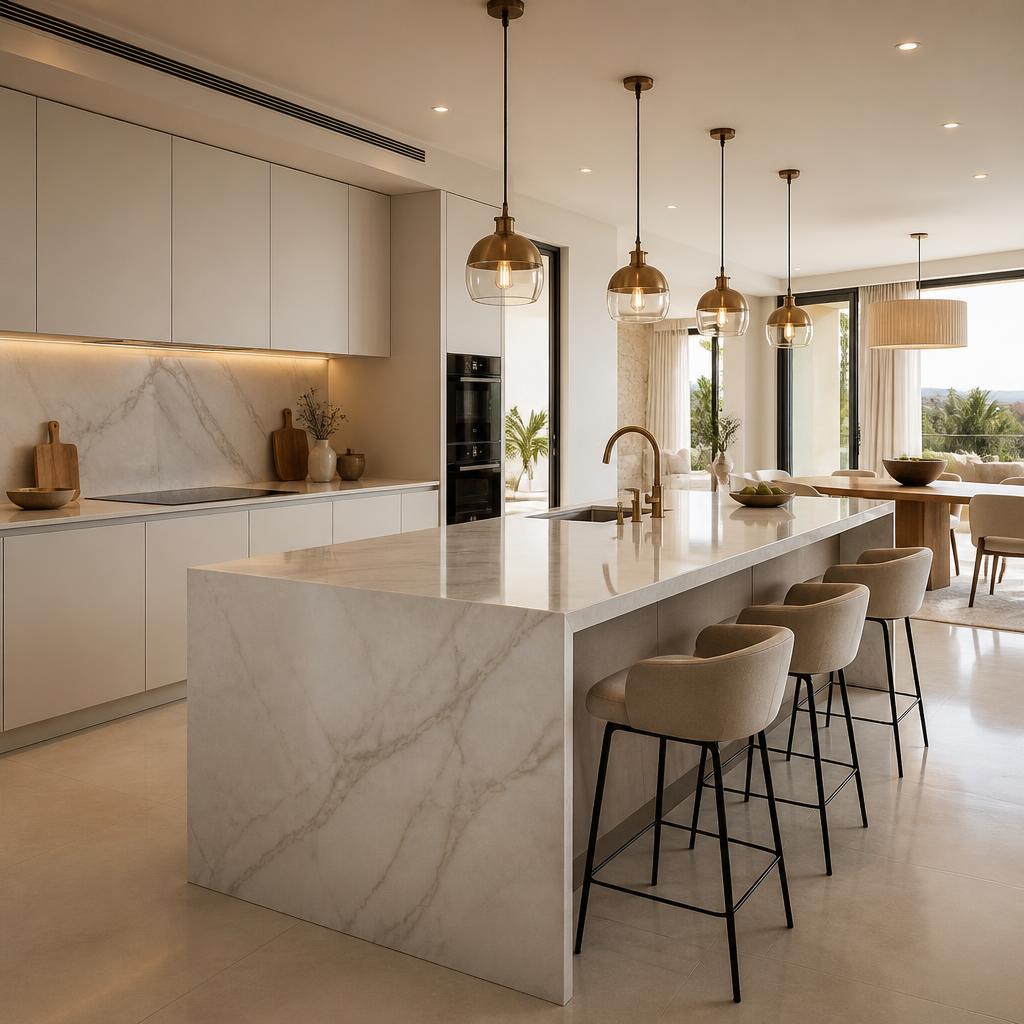Cozinha moderna de luxo com ilha em mármore e pendentes em latão