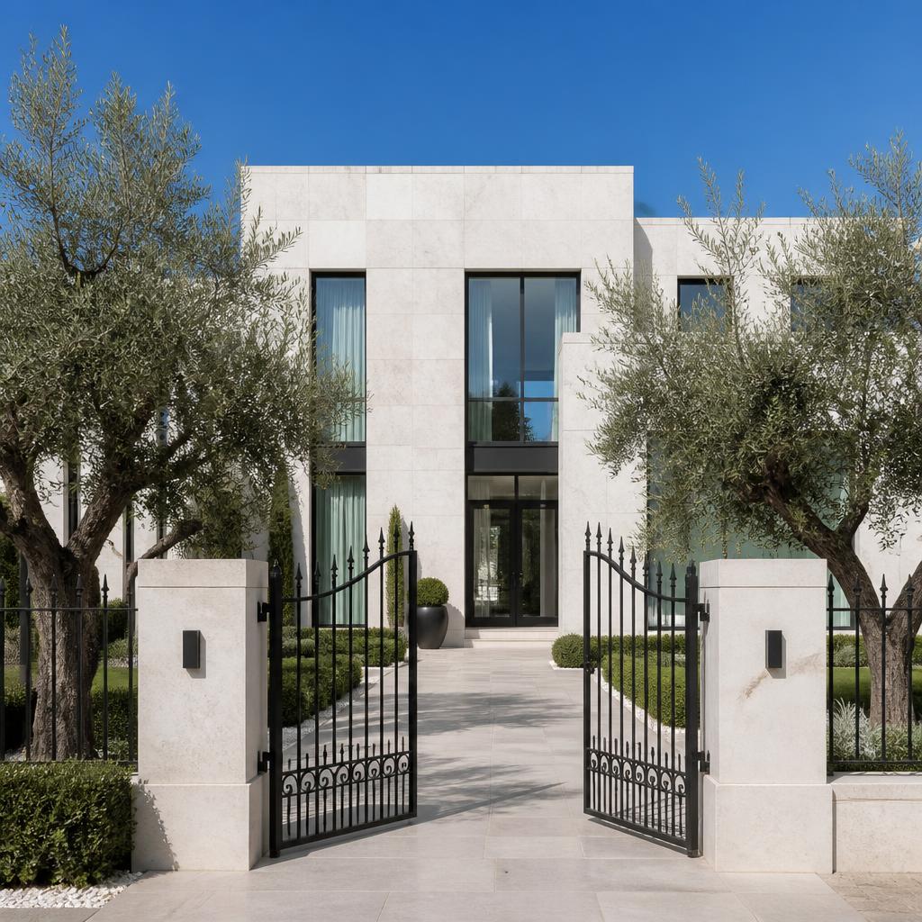 Fachada de villa contemporânea revestida a mármore branco